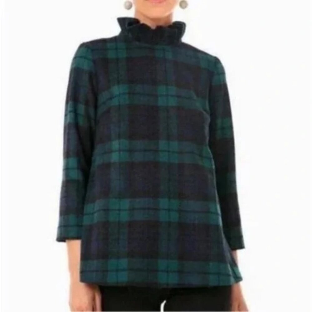 Tuckernuck Black and Green Plaid Ruffle-Neck Blouse